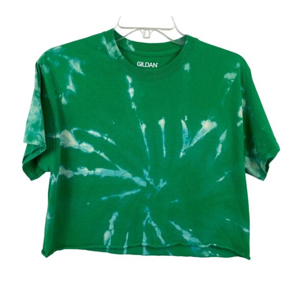 Green & White Tie-Dye Crop T-Shirt Raw Hem Gildan Womens Medium 100% Cotton - Picture 1 of 6